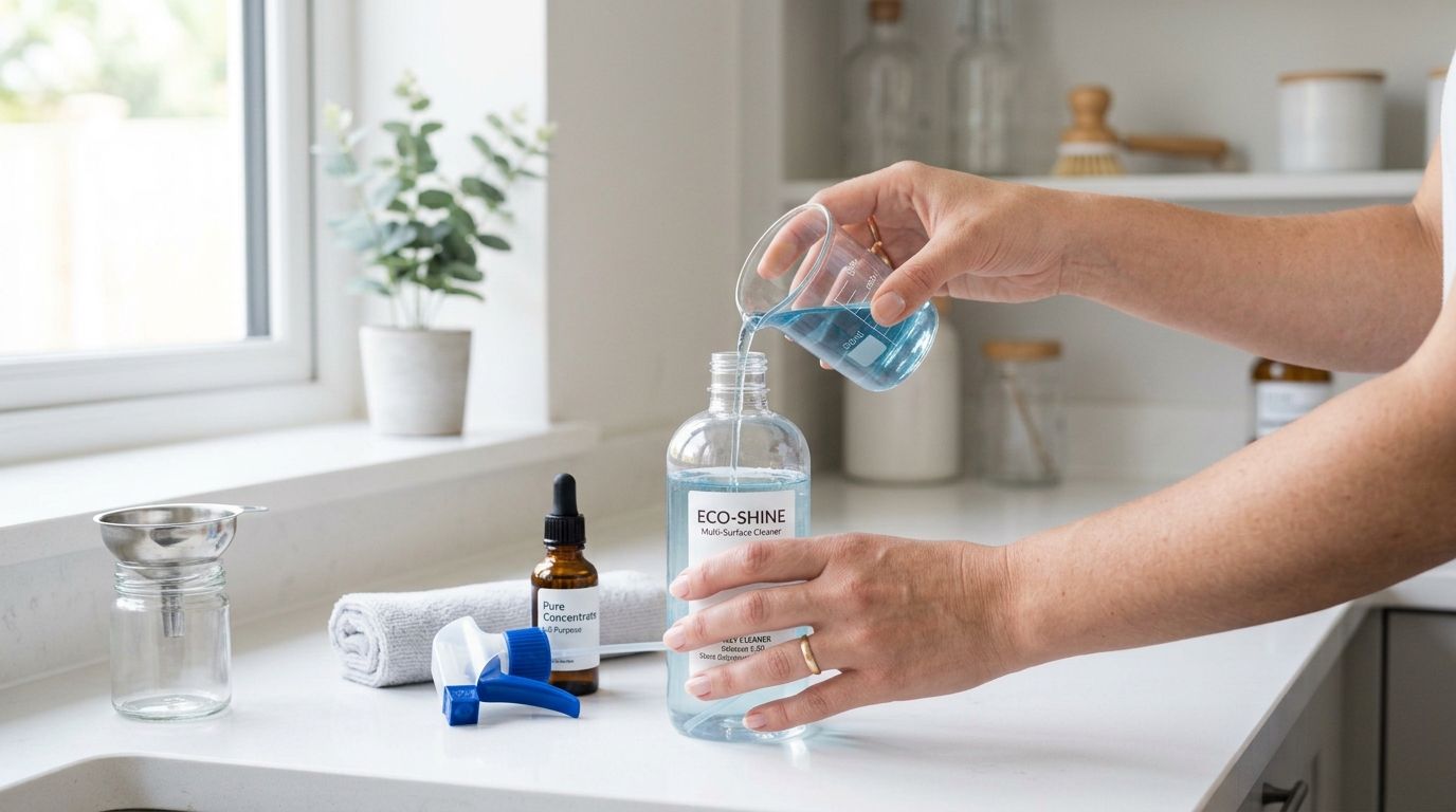 En person hælder blå rengøringsvæske fra et målebæger ned i en genanvendelig sprayflaske i et lyst køkken.
