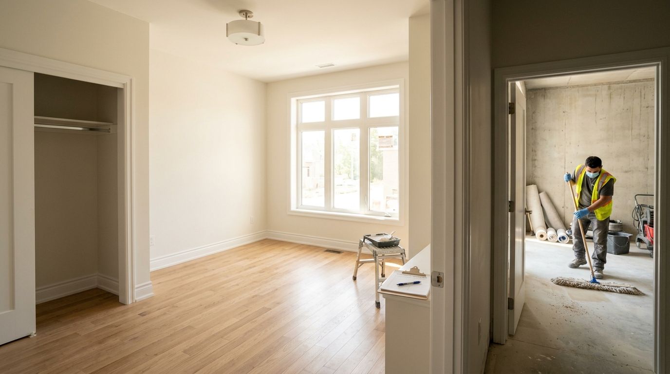 En bygningsarbejder med maske mopper gulvet i et rum under renovering ved siden af et færdigt værelse.