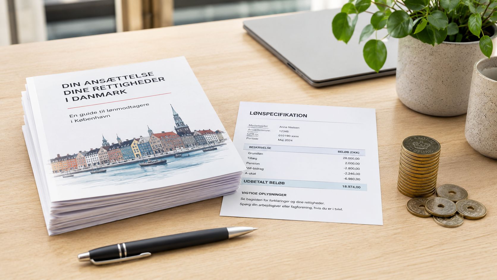 Kontorudstyr med lønseddel, pen og planter til erhvervsservice.