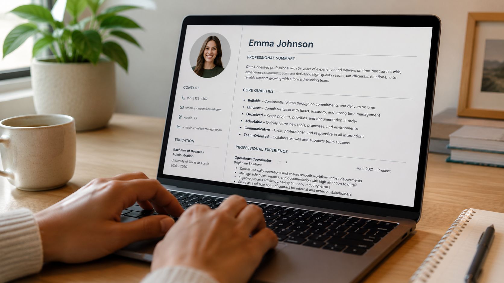 Person der arbejder på computer med CV for jobansøgning.