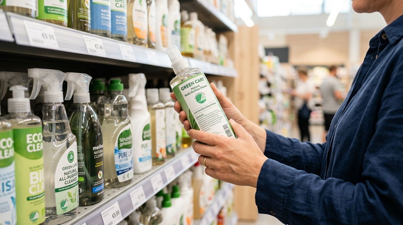 En kvinde vælger et miljøvenligt rengøringsmiddel fra hylden i et supermarked med fokus på bæredygtighed.
