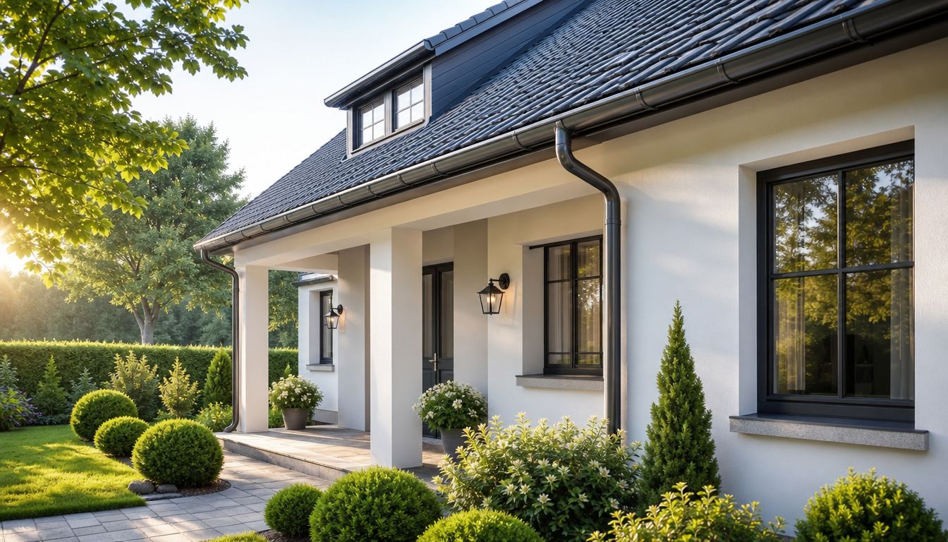 Et smukt hvidt hus med sort tag og en velholdt have med trimmede buske i sollys.