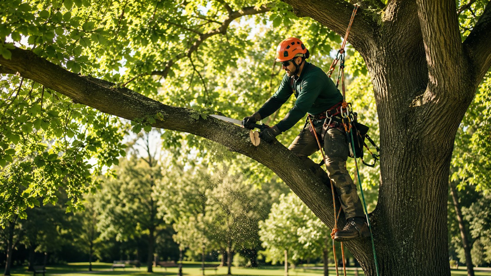 En professionel træplejer iført sikkerhedsudstyr, der beskærer en stor gren højt oppe i et træ.
