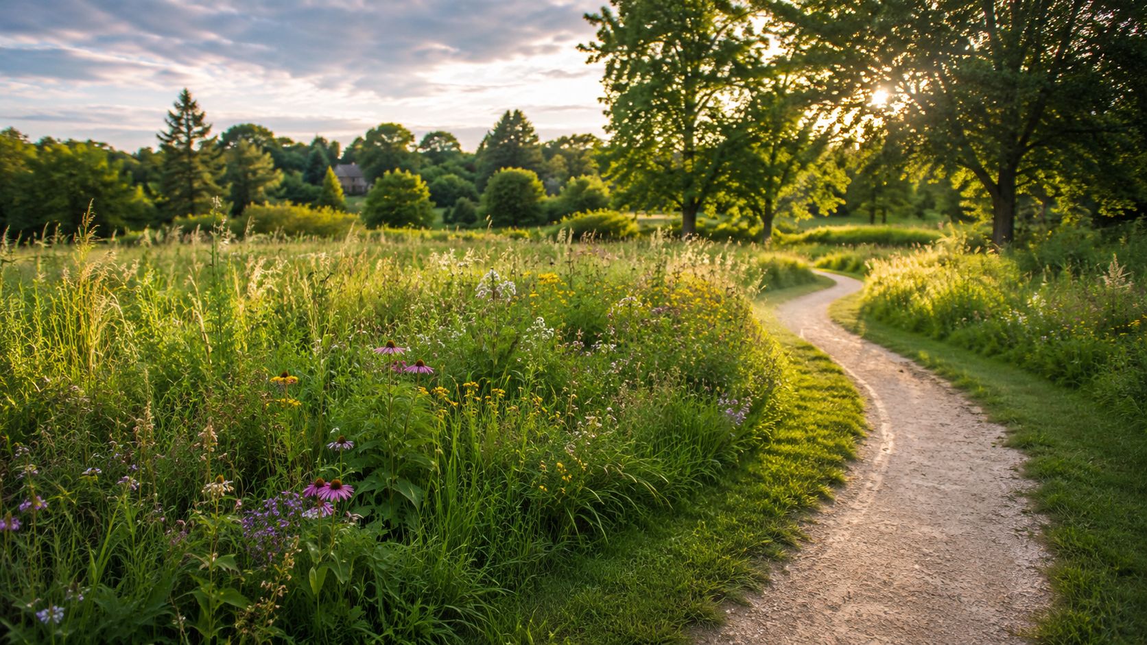 En smuk solnedgang over en bugtende sti omgivet af vilde blomster og grønne træer i naturen.
