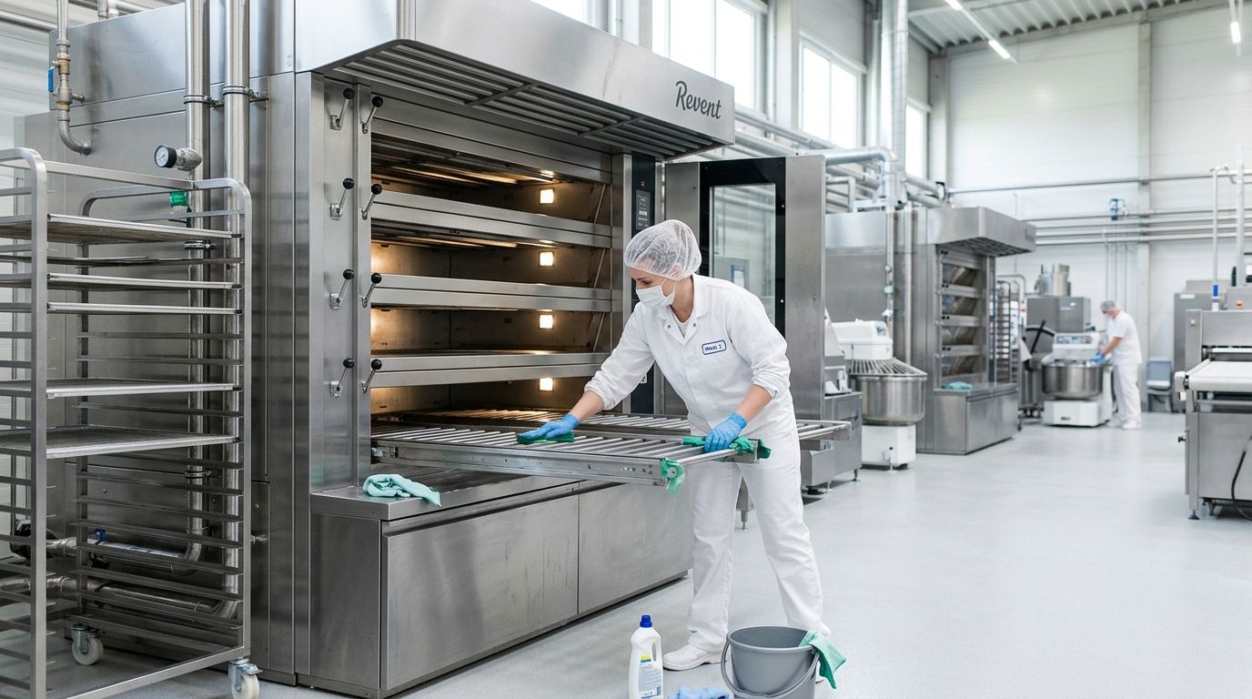 En medarbejder i hvid uniform og hårnet rengør en stor industriel bageovn i et moderne bageri.