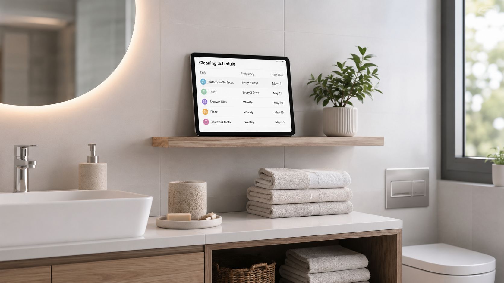 En tablet på en hylde viser en rengøringsplan for et moderne og velholdt badeværelse i dagslys.