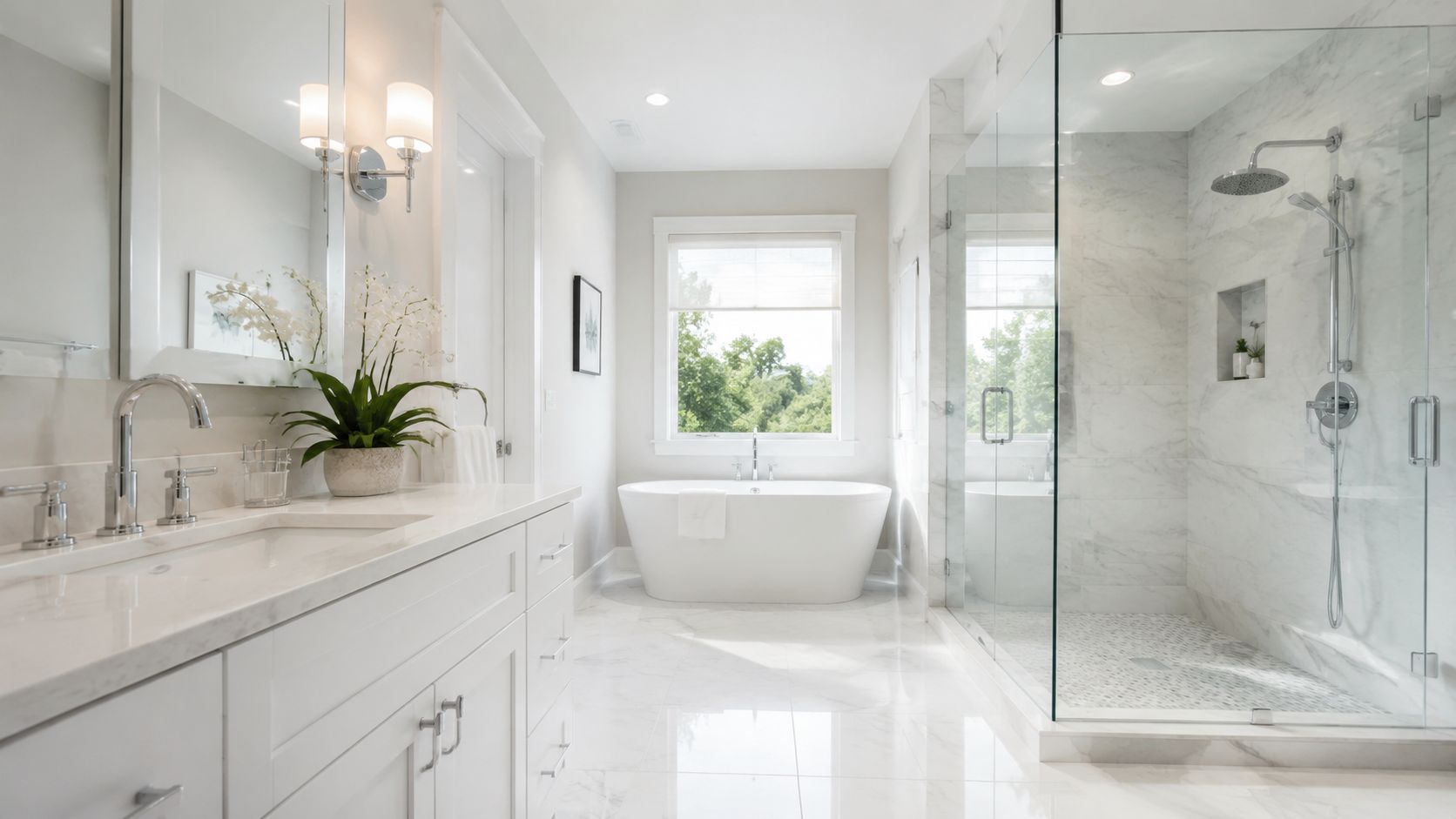 Et lyst og moderne hvidt badeværelse med badekar, glasbruser og marmorfliser i et elegant interiør.
