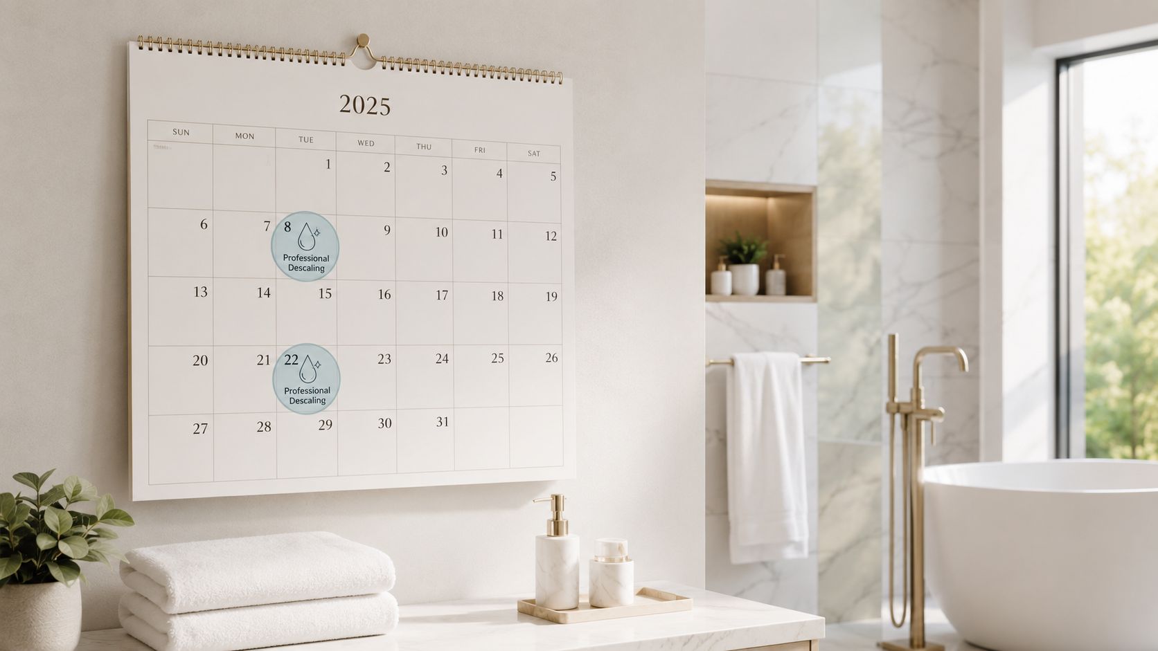 En kalender for 2025 der viser planlagte datoer for professionel afkalkning af badeværelset i et luksuriøst rum.