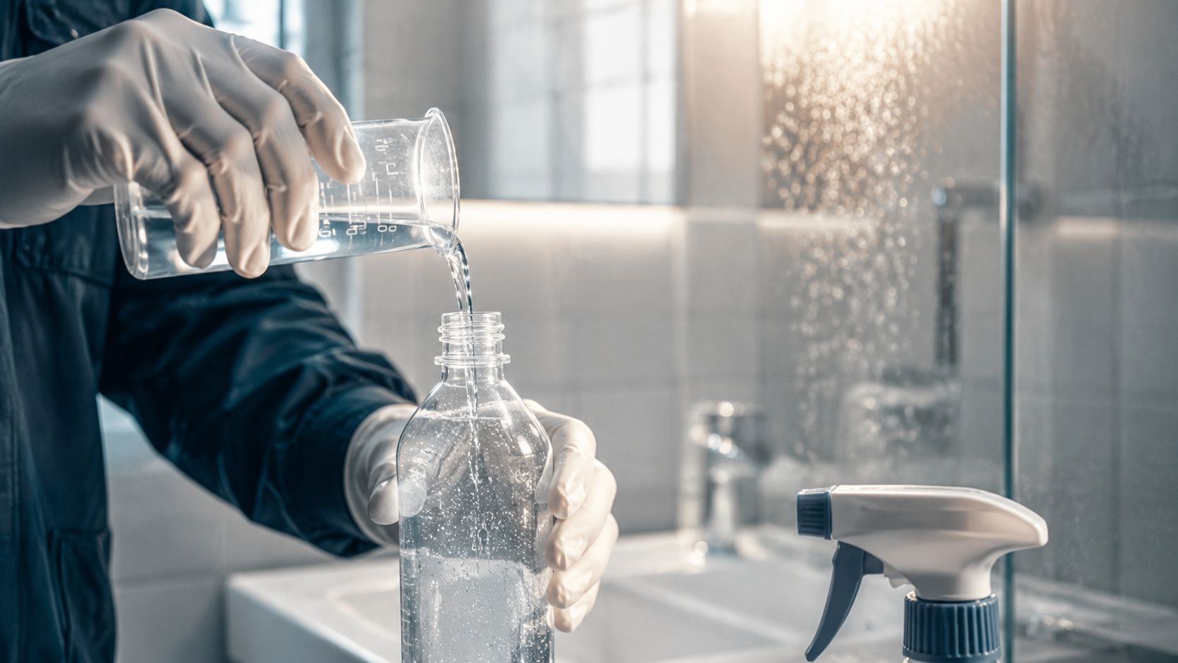 En person iført gummihandsker hælder rengøringsmiddel fra et målebæger ned i en sprayflaske på et badeværelse.