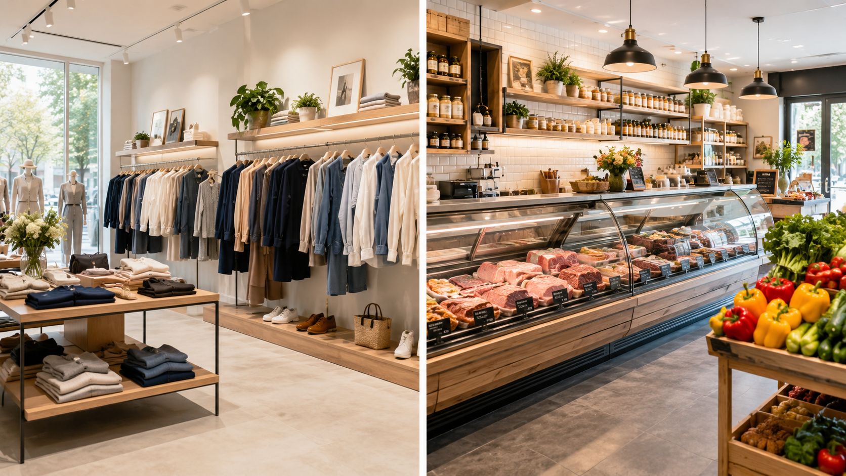 Et todelt billede der viser en moderne tøjbutik til venstre og en velorganiseret delikatesseforretning til højre.