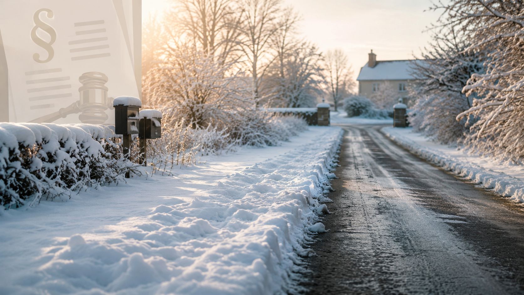 Snerydning på en privat fællesvej foran et hus en solrig og frostklar vinterdag med meget sne.