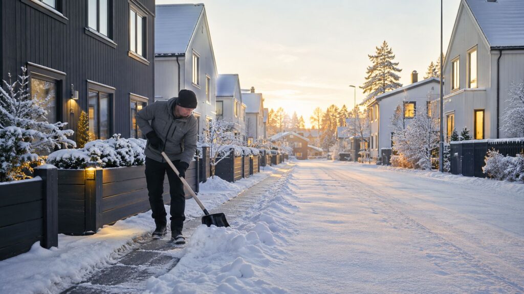 Mand rydder sne i boligområde, professionel snerydning.