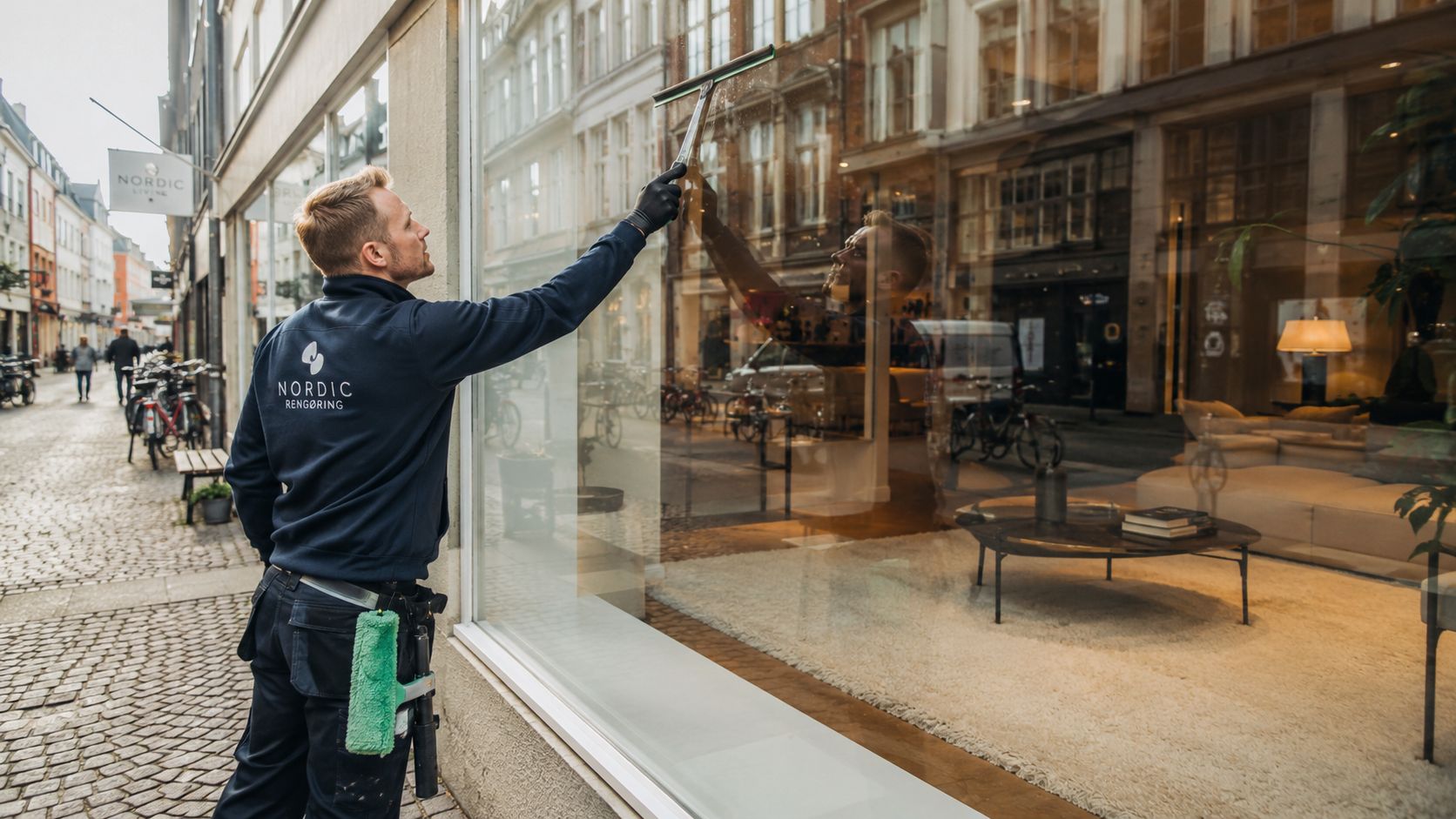 En professionel vinduespudser fra Nordic Rengøring renser et stort butiksvindue på en hyggelig gade i København.