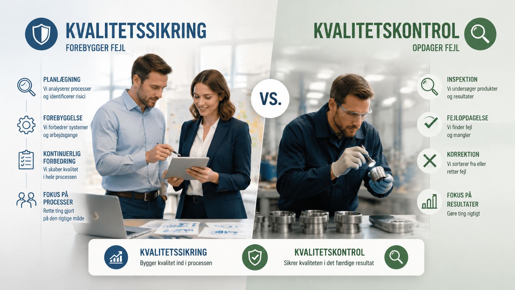 En sammenligning af kvalitetssikring og kvalitetskontrol illustreret med to arbejdssituationer fra kontor og produktion.