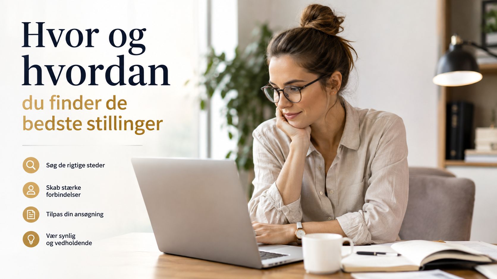 En kvinde sidder ved sin computer og læser gode råd til hvordan hun finder drømmejobbet.