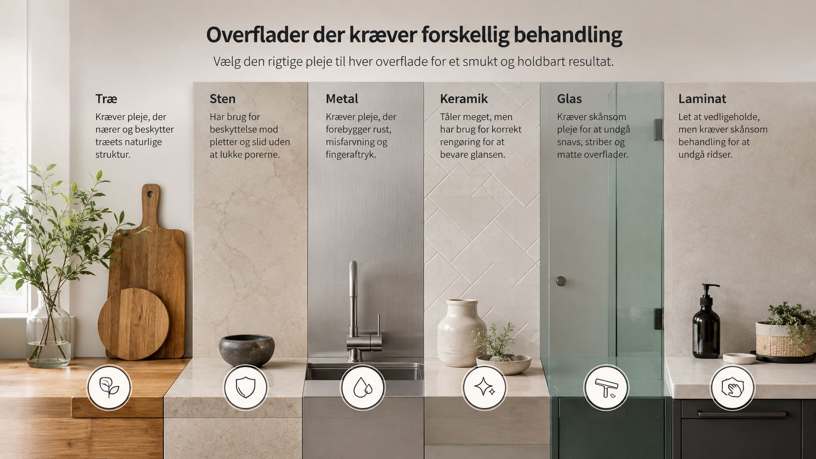 Oversigt over forskellige overflader i hjemmet og tips til hvordan de bør vedligeholdes og rengøres korrekt.