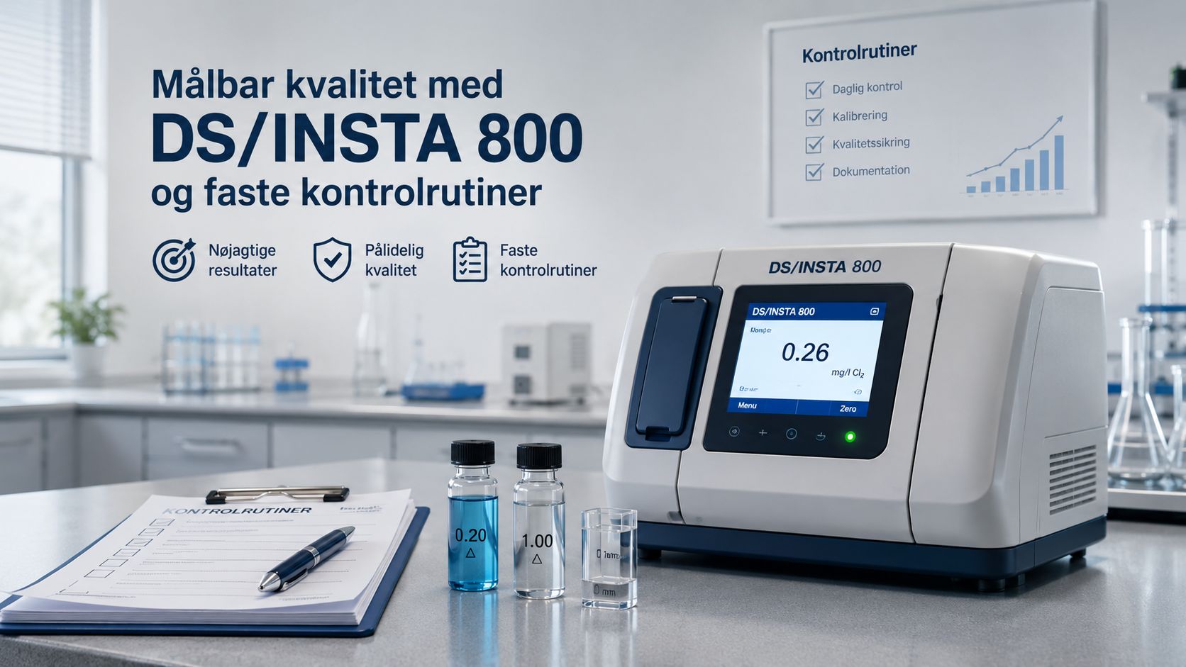 Måleudstyr fra DS/INSTA 800 til professionel kontrol af rengøringskvalitet i et laboratorium med testvæsker og dokumentation.