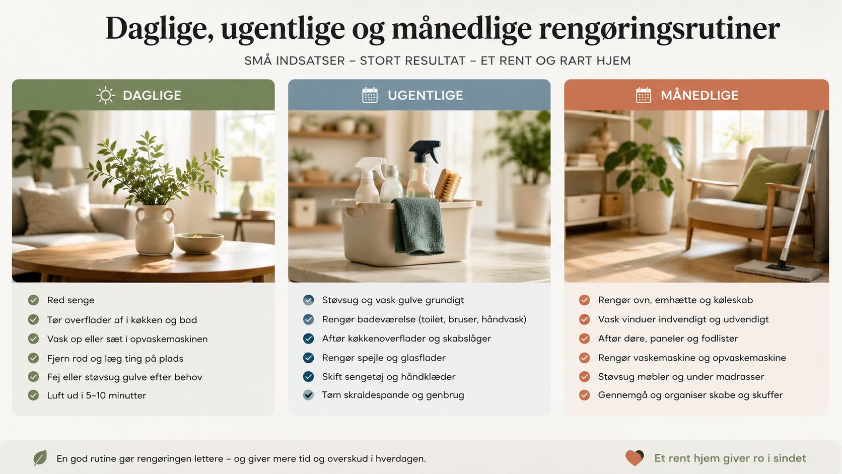 En overskuelig guide til daglige, ugentlige og månedlige rengøringsrutiner for et rent og ryddeligt hjem.