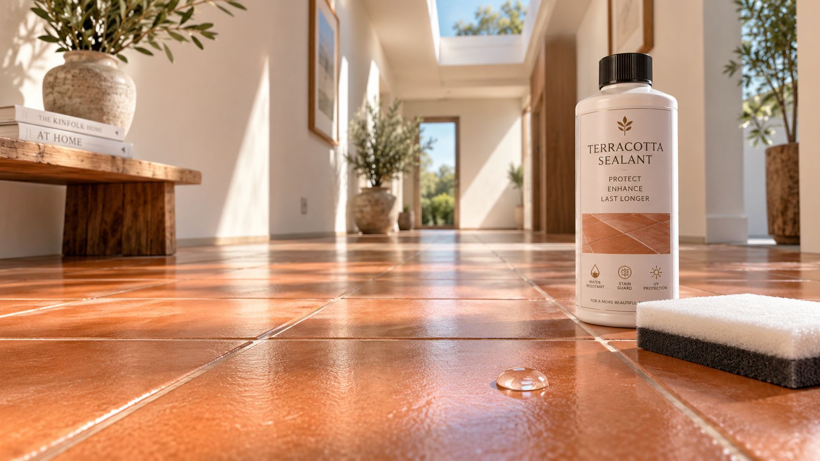 En flaske terracotta forsegler står på et flisegulv med en svamp ved siden af en vanddråbe.