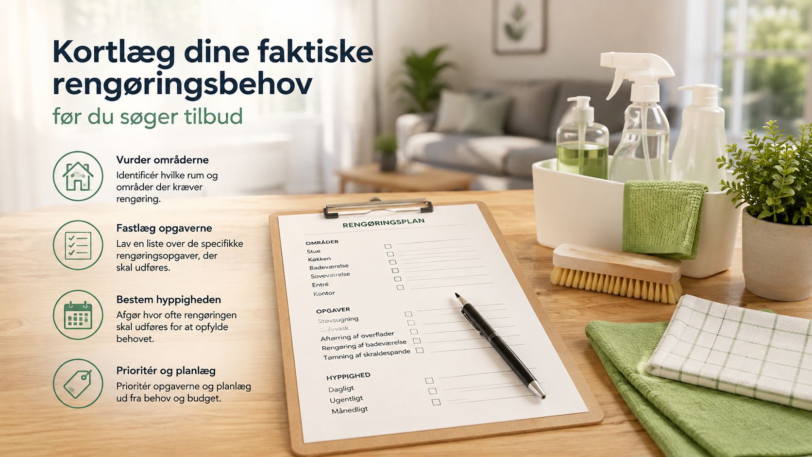 En tjekliste til rengøring på et bord, der hjælper med at planlægge rengøring af hjemmet eller kontoret.