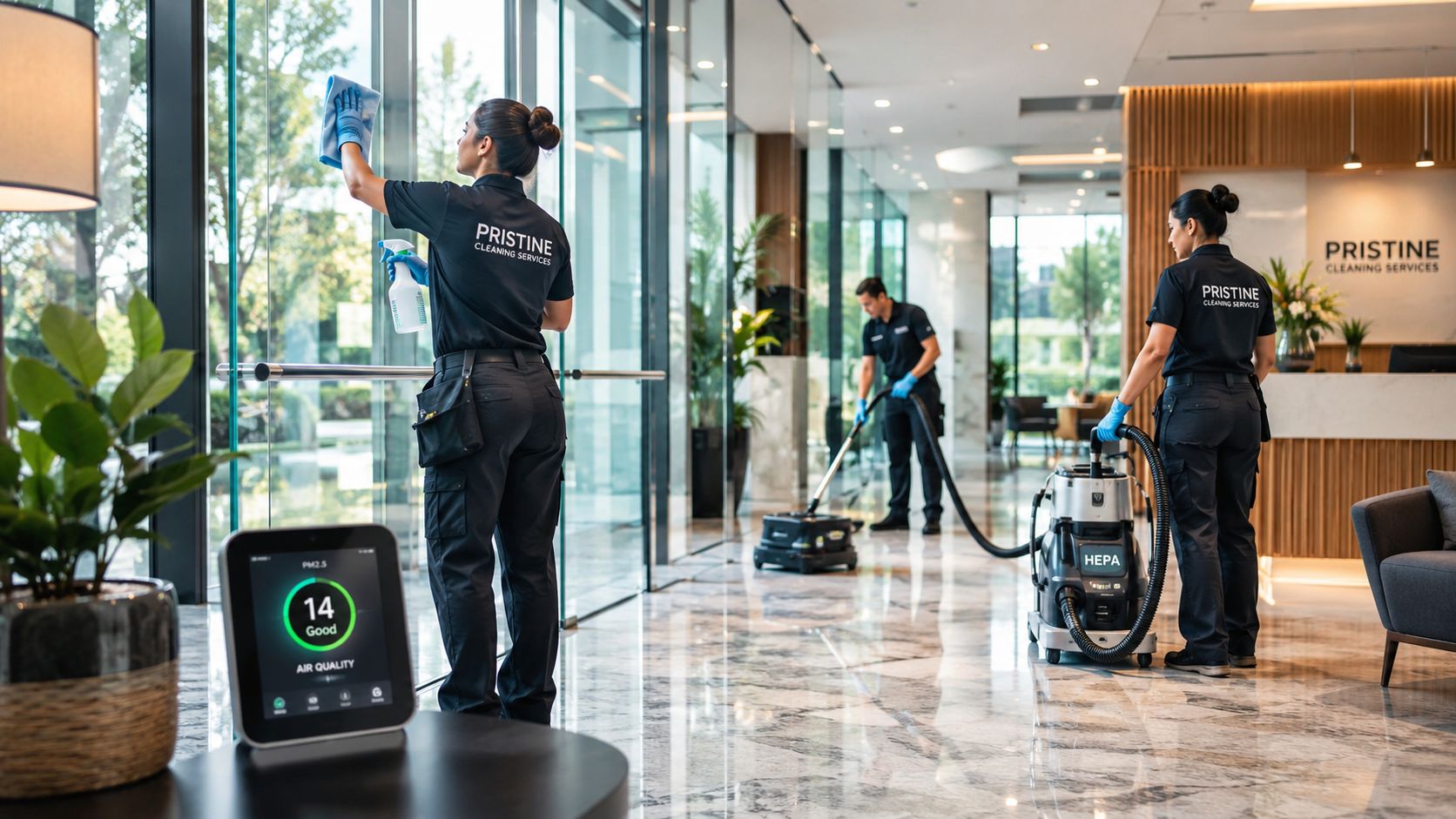 Tre rengøringsassistenter fra Pristine Cleaning Services arbejder professionelt med at rengøre et moderne kontor og lobbyområde.