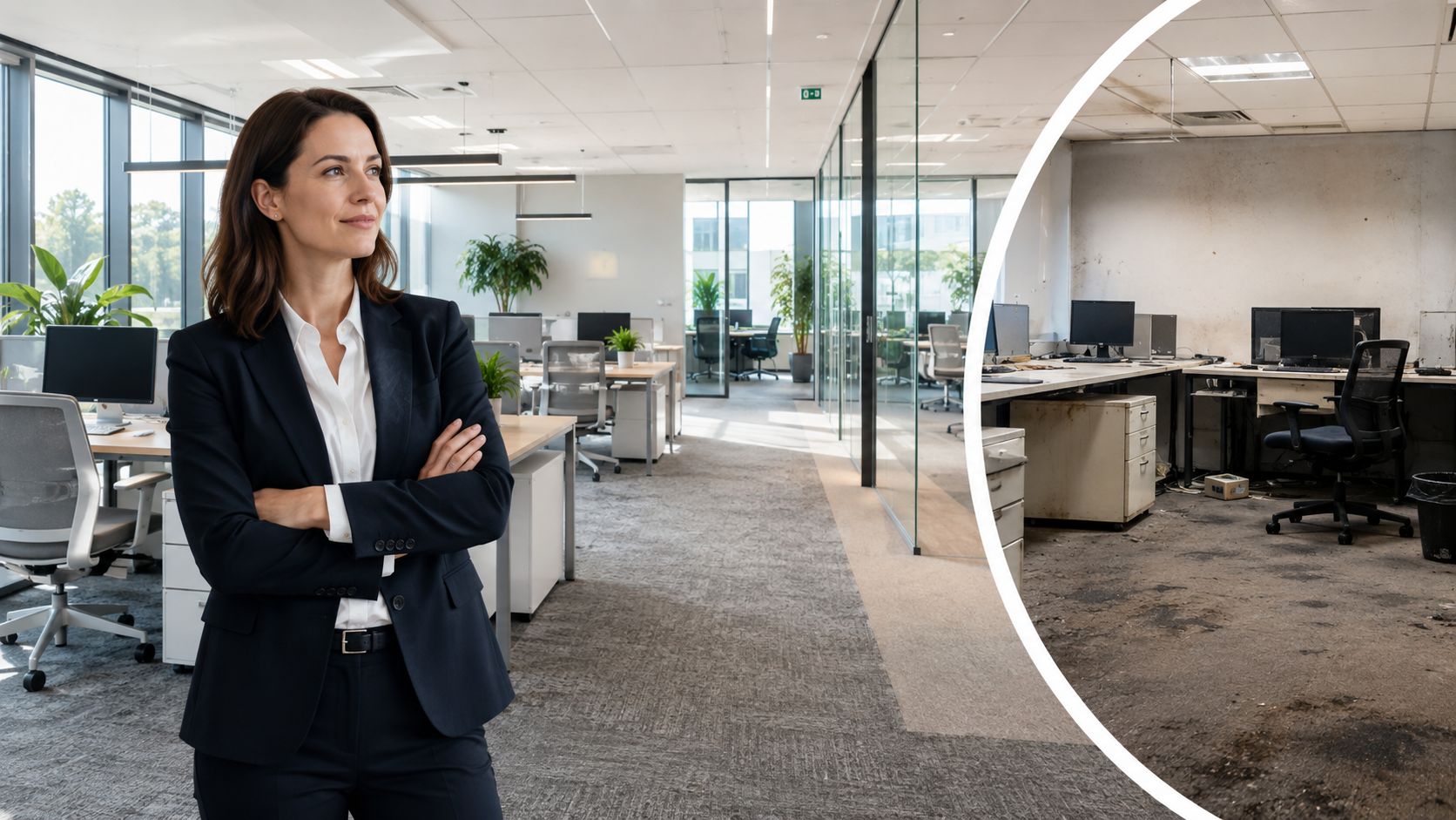 En forretningskvinde står i et moderne kontor ved siden af et billede af et beskidt kontorlokale.