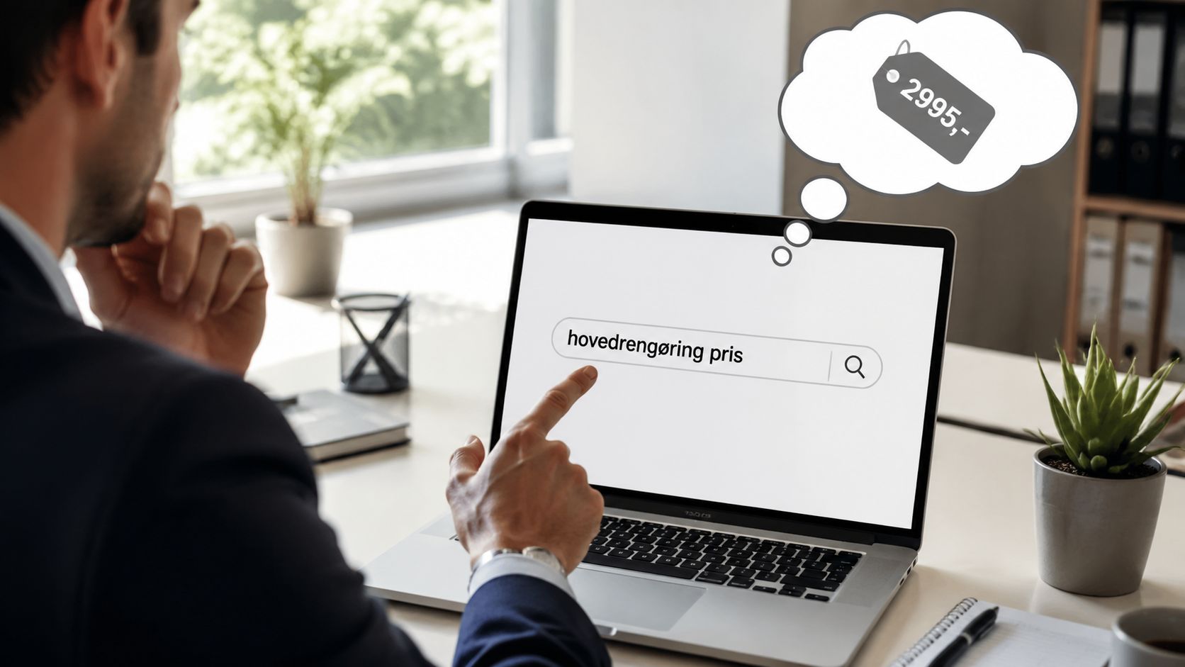 En forretningsmand søger på hovedrengøring pris på sin bærbare computer med en tankeboble visende en pris.