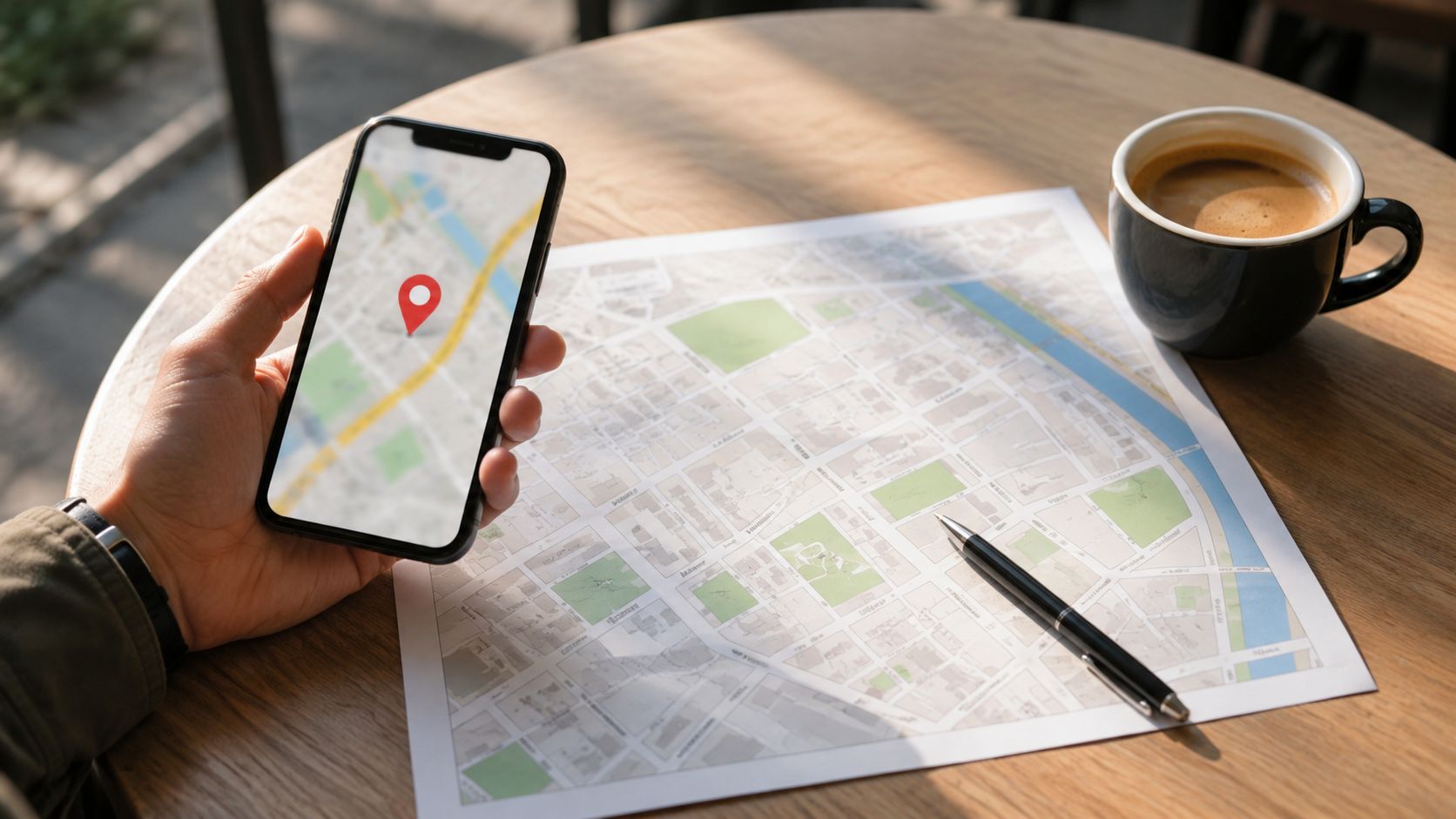 En person holder en smartphone med et kort over Vesterbro, mens de sidder med et fysisk kort.