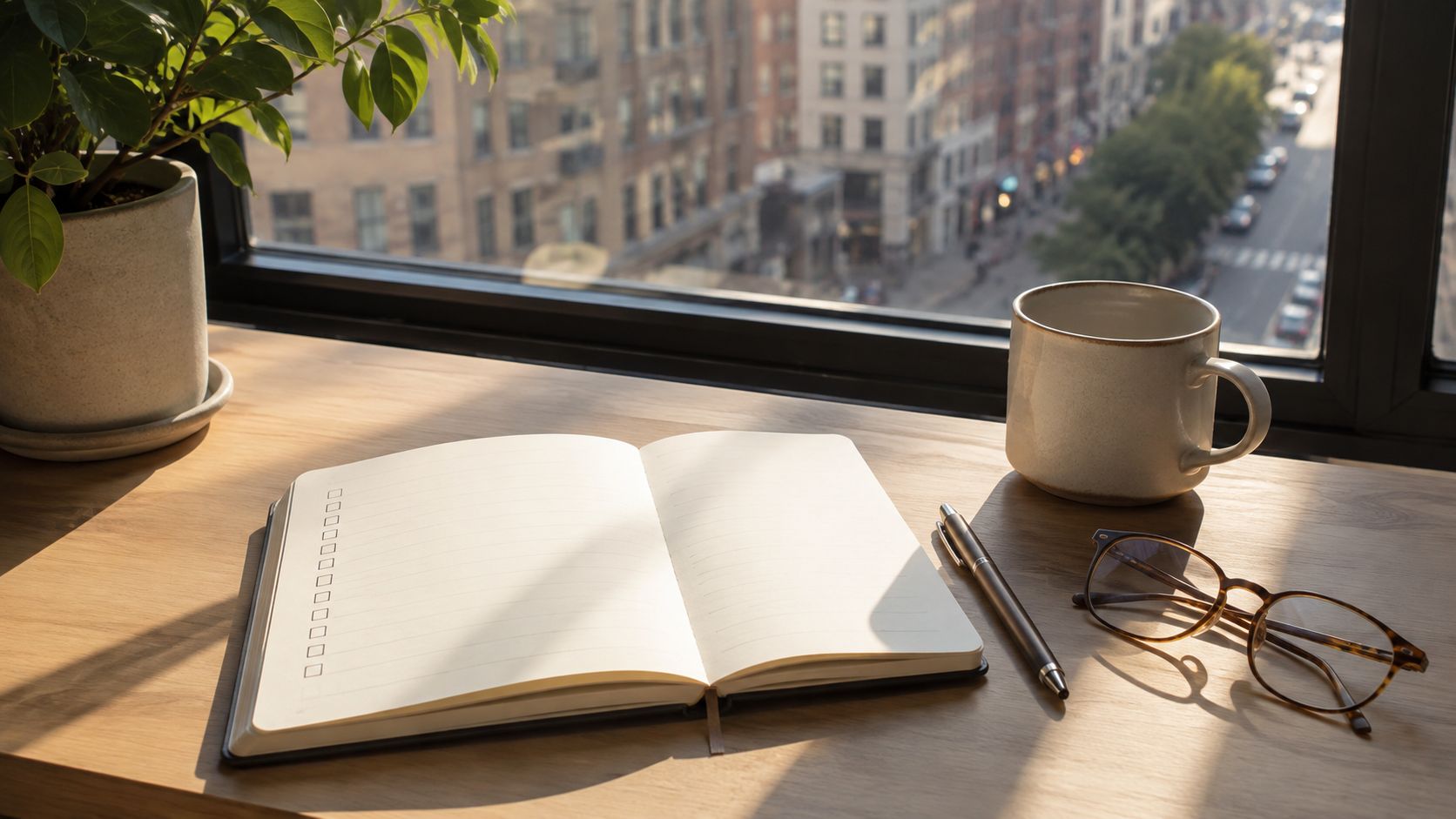 En åben notesbog med tjekliste, en kop kaffe og briller på et skrivebord ved et vindue.