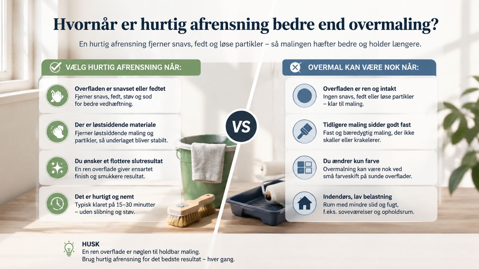 Infografik der sammenligner hvornår man bør bruge hurtig afrensning kontra overmaling af overflader før malearbejde påbegyndes.