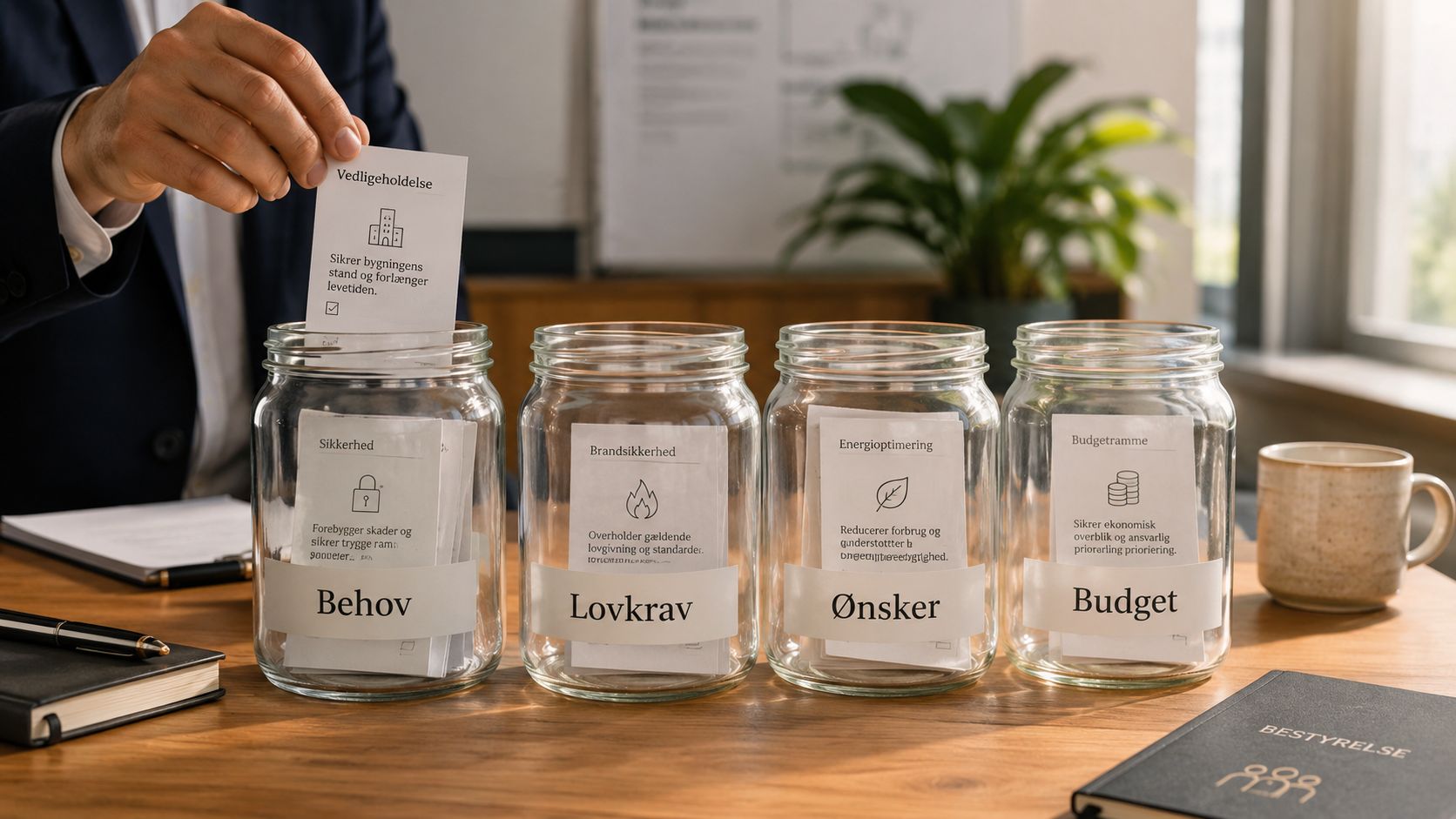 Person placerer et kort med tekst om vedligeholdelse i glasbeholdere kategoriseret efter prioriteter for ejendomsdrift og boligforeninger.