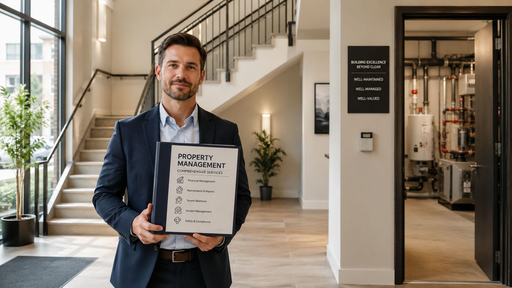 En professionel ejendomsadministrator holder en mappe med oplysninger om omfattende ejendomsservice og boligforeningsløsninger i en moderne lobby.
