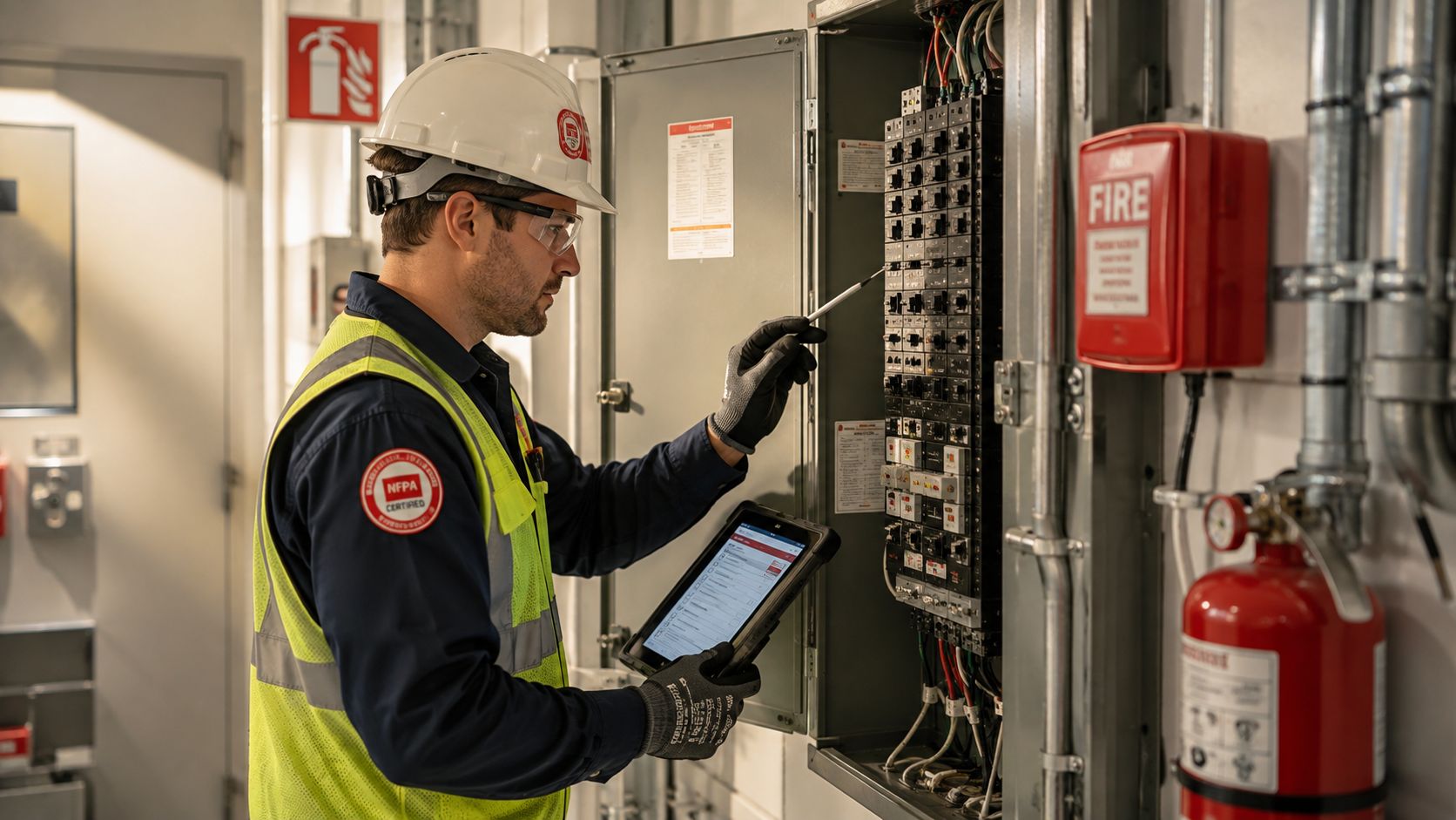En elektriker i sikkerhedsudstyr inspicerer et elektrisk panel og bruger en tablet til kontrol af installationer.