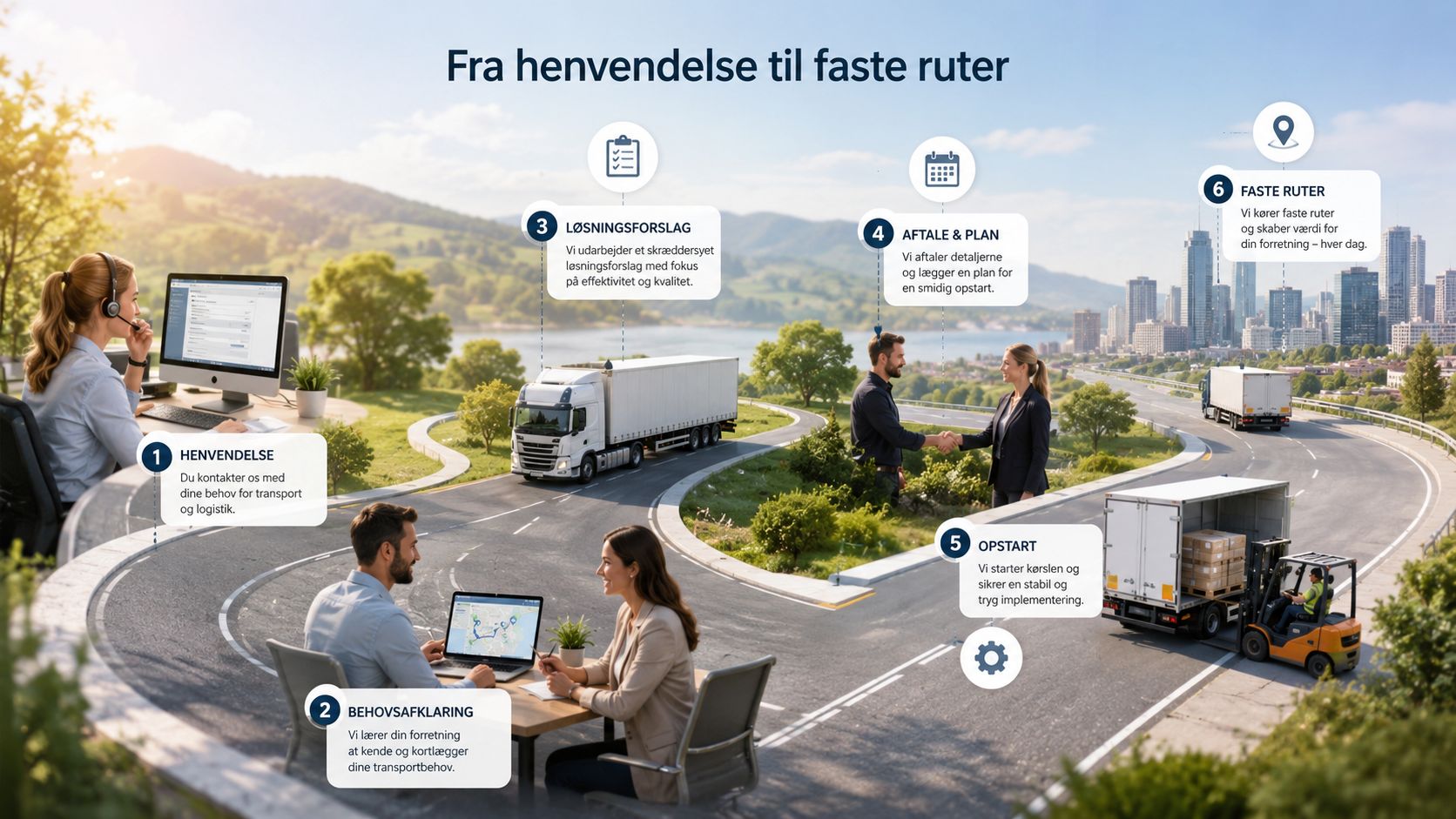 En procesgrafik der viser seks trin fra første kundehenvendelse til etablering af faste transportruter for virksomheder.