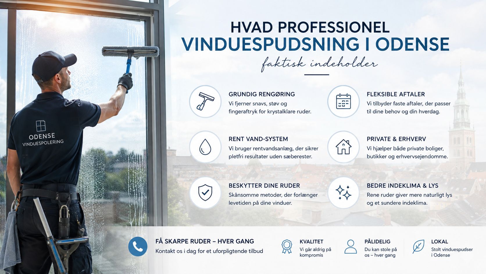 Professionel vinduespudser i arbejde der renser store vinduespartier med rentvandsanlæg i Odense by for et klart udsyn.