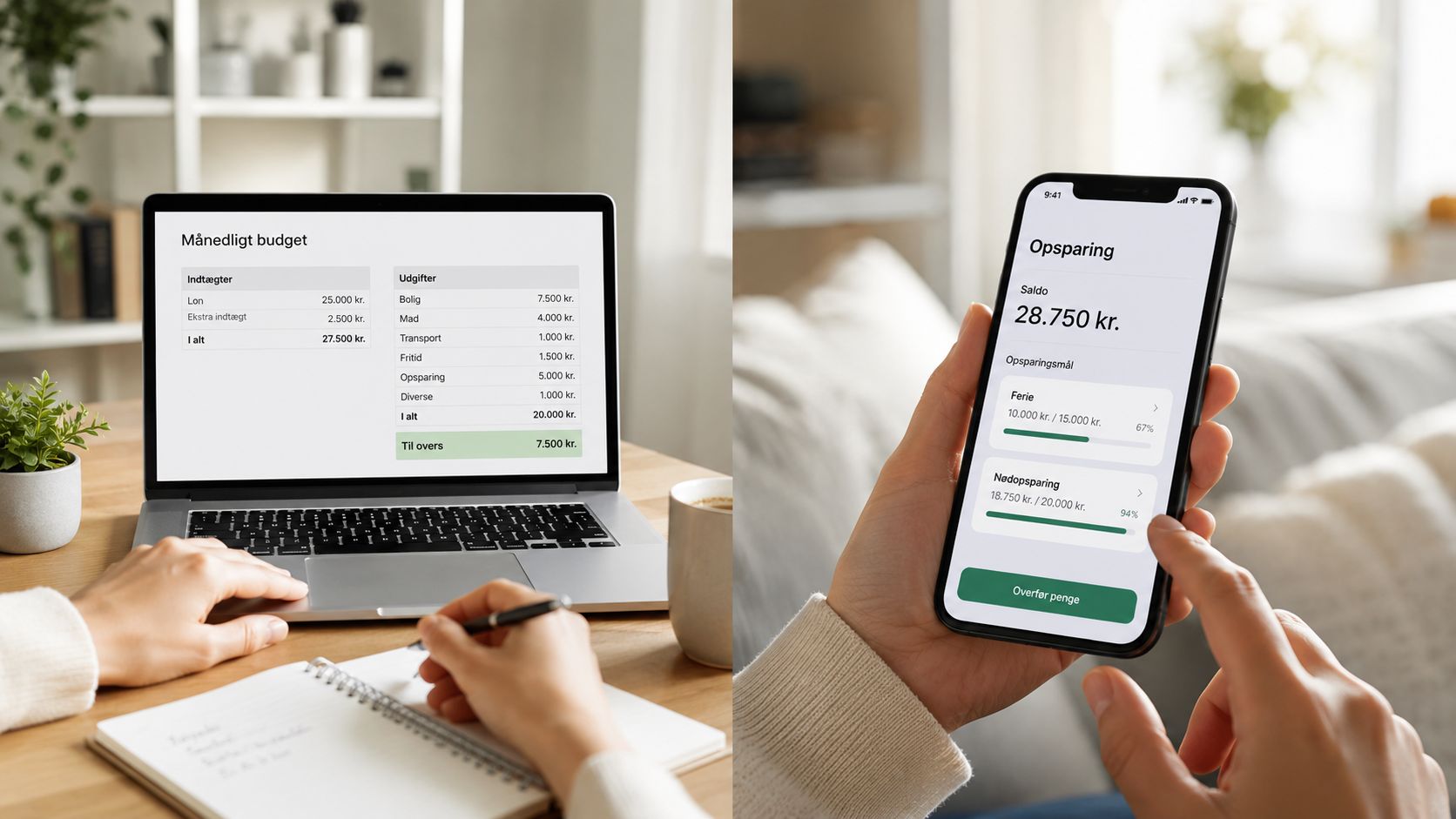 Person der sidder ved et skrivebord og administrerer månedligt budget på computer og mobilapplikation.