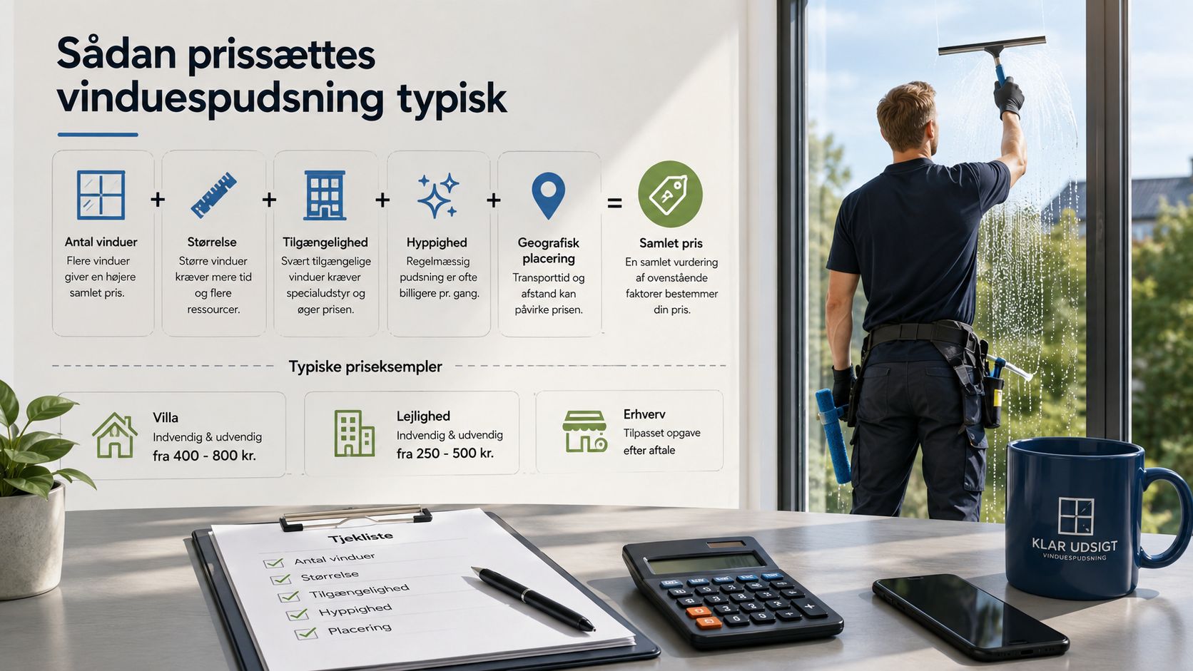 En infografik der forklarer faktorer for prissætning af professionel vinduespudsning samt eksempler på priser for forskellige boligtyper.