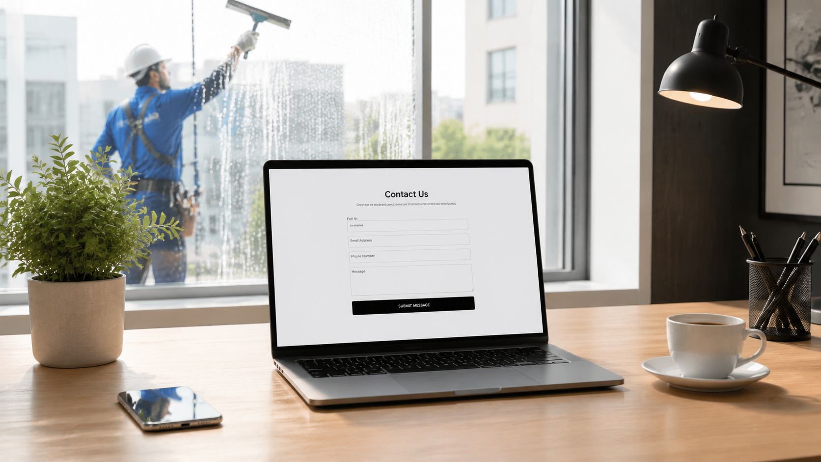 En bærbar computer på et kontorbord viser en kontaktformular, mens en vinduespudser arbejder udenfor vinduet.