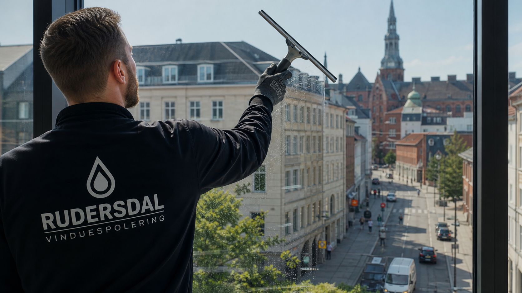 En professionel vinduespudser fra Rudersdal Vinduespolering renser et vindue med udsigt over en bygade med historisk arkitektur.