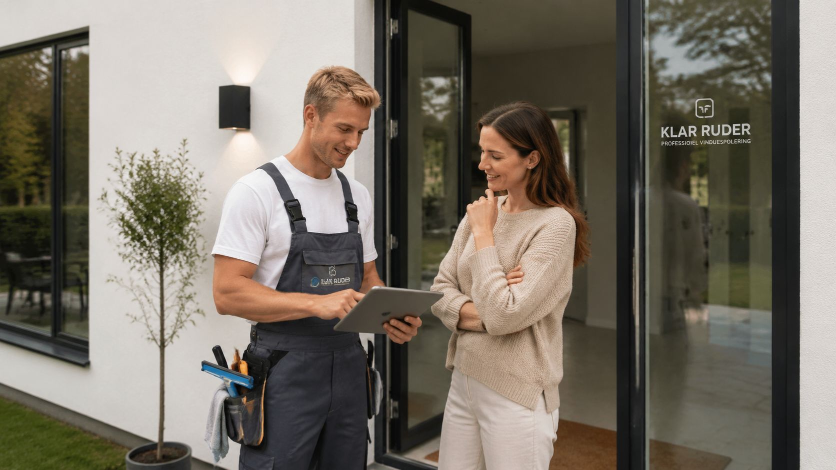 En professionel vinduespudser viser en kunde et tilbud på en tablet uden for et moderne hus.