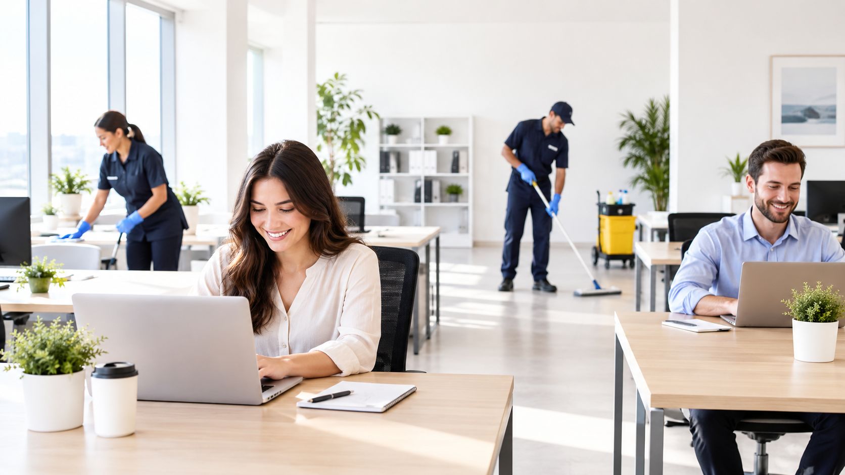 En smilende kvinde og en mand arbejder på bærbare computere i et lyst, moderne kontormiljø med rengøringspersonale.
