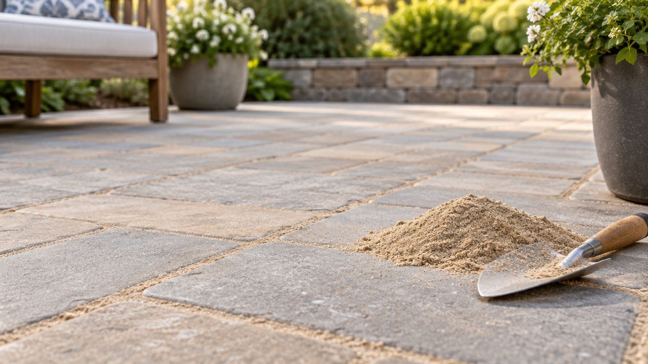 En lille haveskovl fyldt med sand ovenpå belægningssten på en solskinsdag i en have.