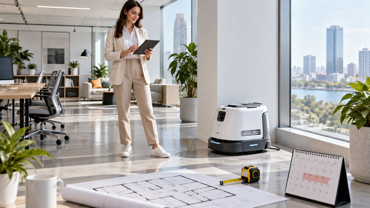 En professionel kvinde arbejder med en tablet nær en moderne gulvvaskerobot på et lyst kontor med udsigt.