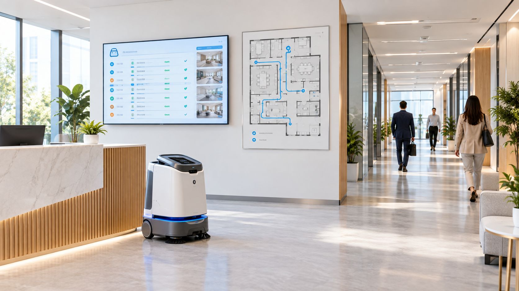 En moderne rengøringsrobot bevæger sig på et kontorgulv foran en digital oversigtsskærm og et kort over bygningen.