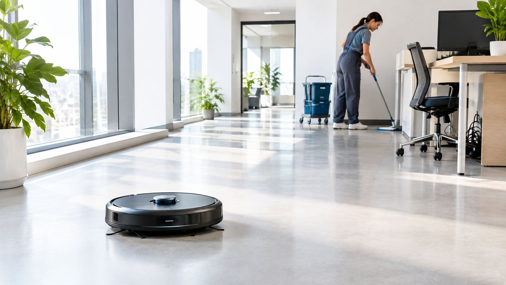 En moderne robotstøvsuger kører på et kontorgulv, mens en rengøringsassistent gør rent i baggrunden i kontorbygningen.