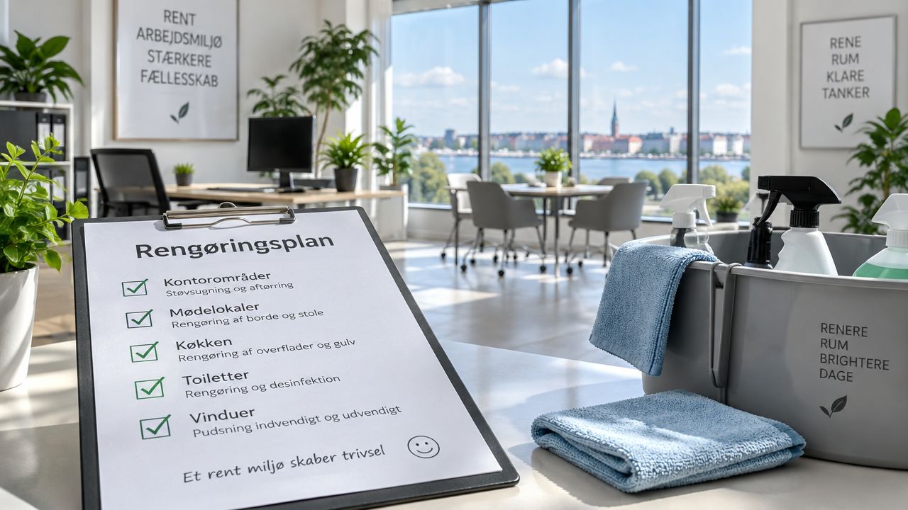 En rengøringsplan på en clipboard med en vaskebalje fyldt med rengøringsmidler og blå klude på et skrivebord.