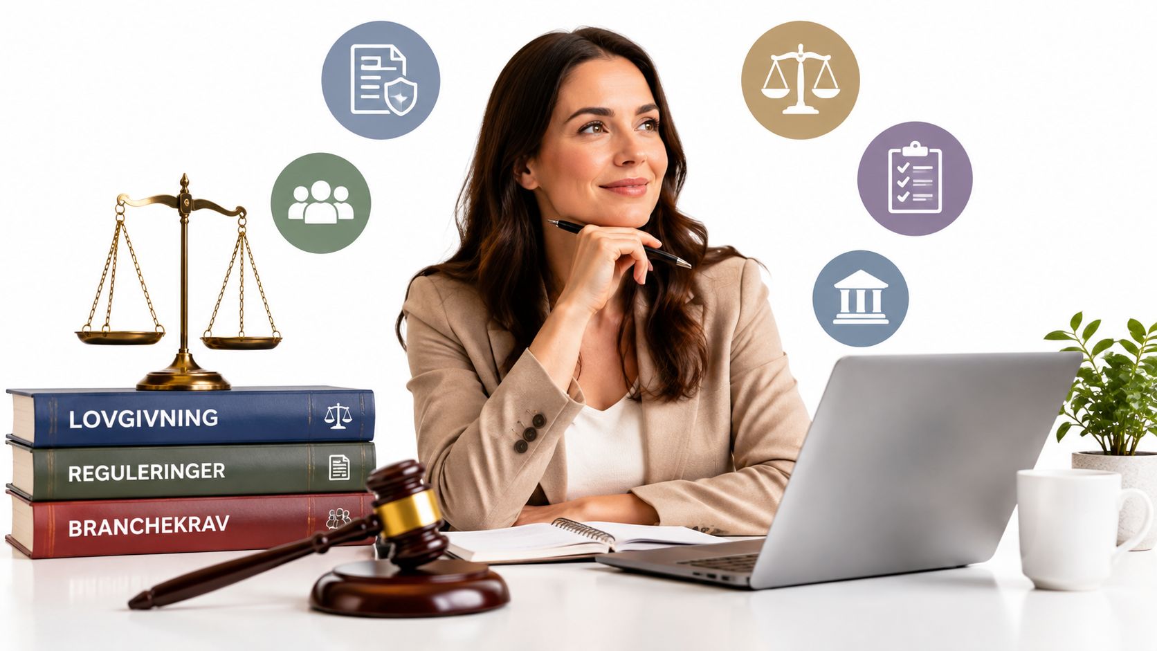 En smilende kvindelig jurist arbejder ved et skrivebord med lovbøger, en vægt og en bærbar computer.