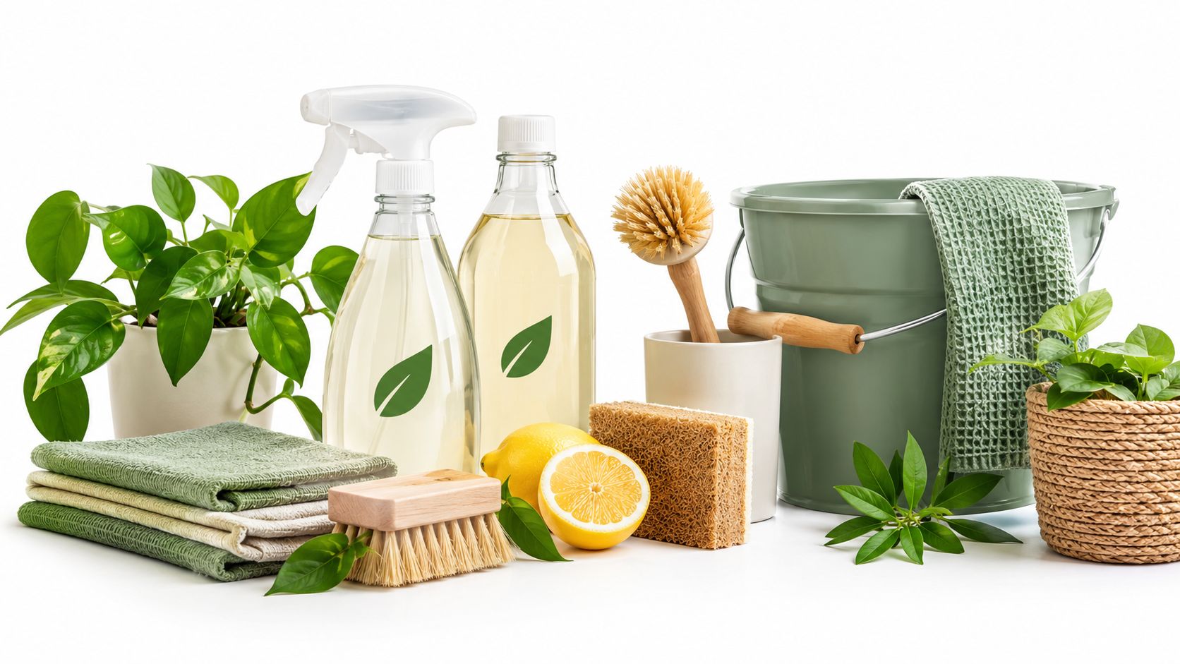 Miljøvenlige rengøringsartikler, herunder sprayflaske, citroner, børster og grønne planter på en hvid baggrund for bæredygtig rengøring.