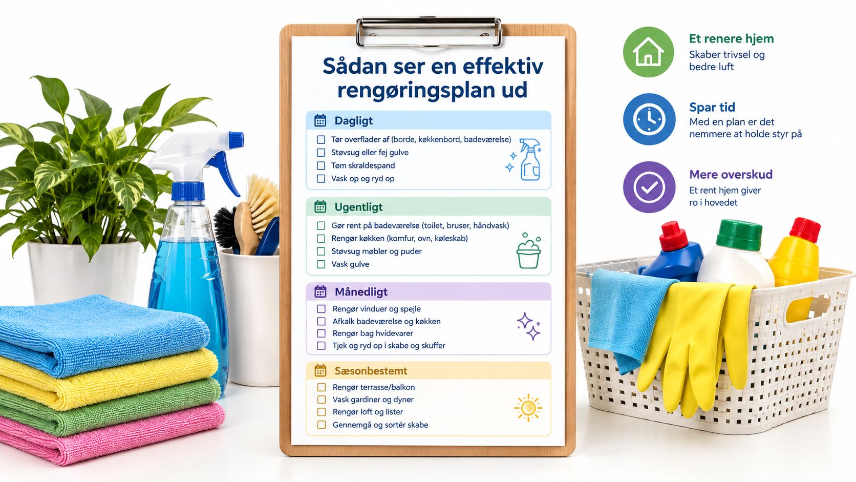 En oversigtstavle med en effektiv rengøringsplan opdelt i daglige, ugentlige, månedlige og sæsonbestemte opgaver til et rent hjem.