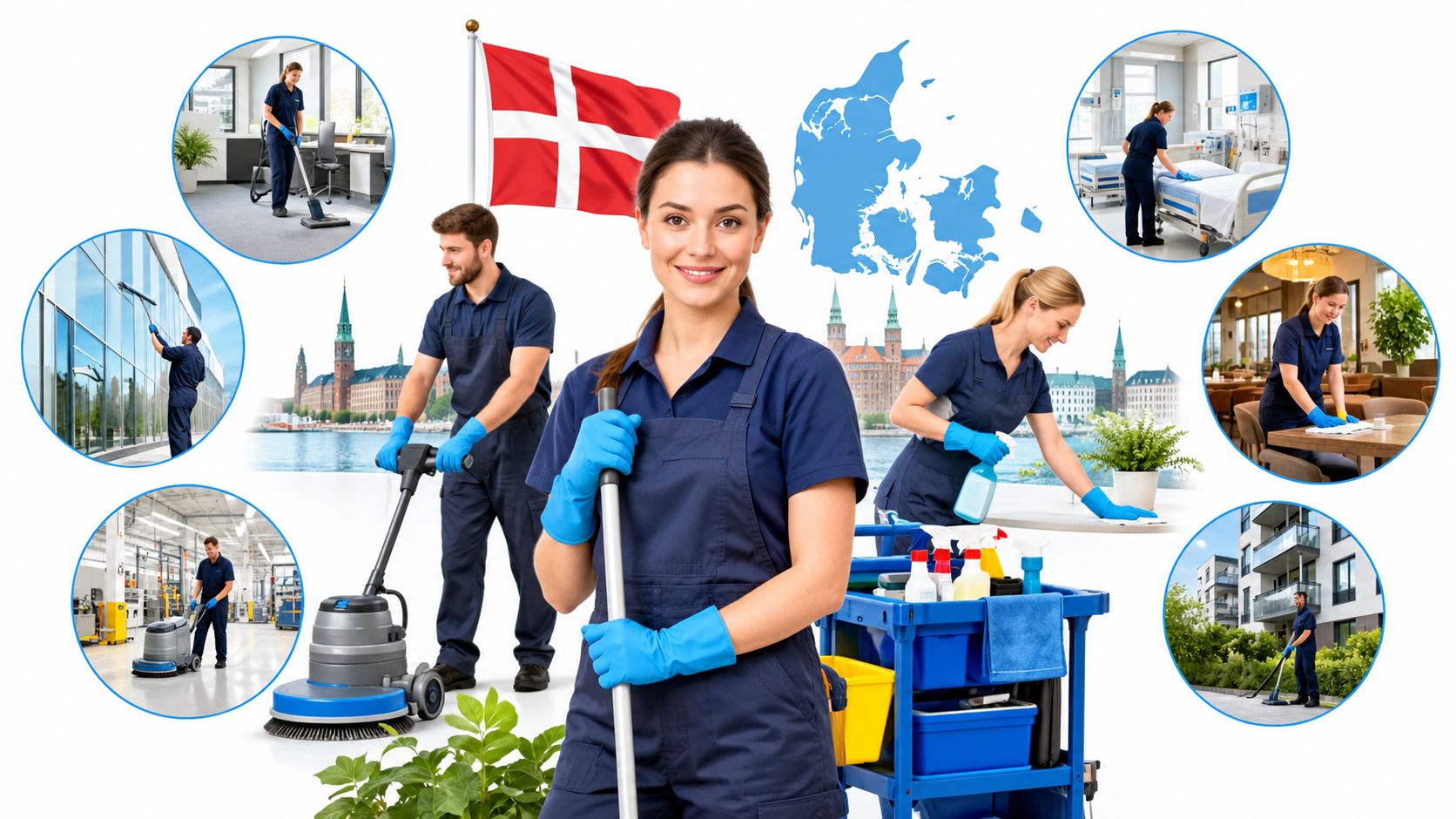 Professionelle rengøringsmedarbejdere i uniform udfører effektiv institutionsrengøring på tværs af forskellige faciliteter over hele Danmark.